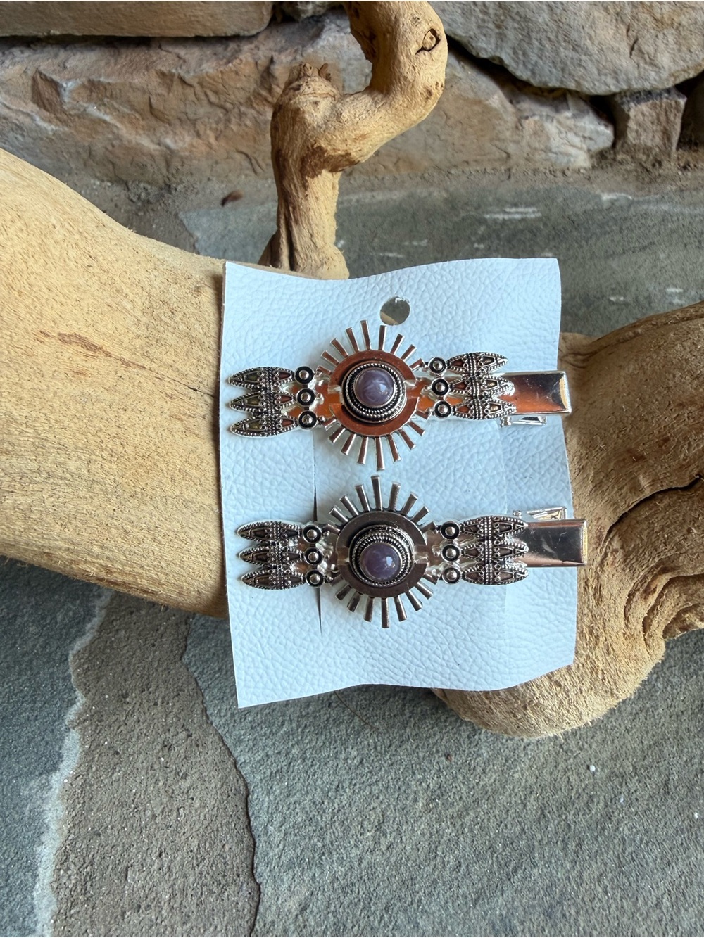 New🌟Free People-South Western Metal Hair Clips with Amnesty Cabochon - Pair